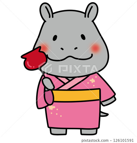 一隻穿著浴衣的河馬拿著一顆糖蘋果 126101591