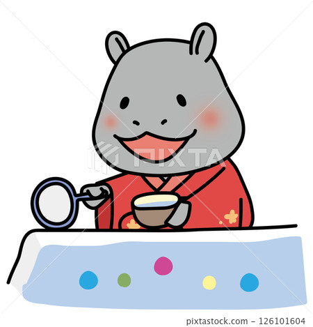 A hippopotamus wearing a red yukata playing ball scooping A hippopotamus wearing a red yukata playing ball scooping 126101604