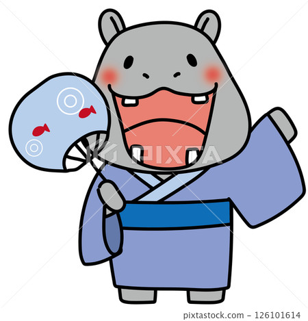 身穿藍色浴衣、手持扇子的河馬 126101614
