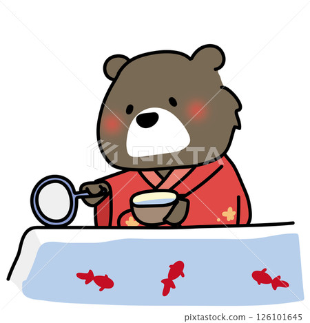 一隻穿著紅色浴衣的熊正在撈金魚 126101645