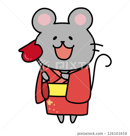 A mouse wearing a yukata holding a candy apple 126101658