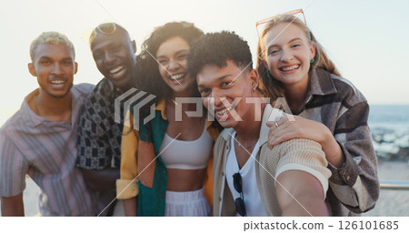 Friends, people and happy with selfie at beach for social media, travel memory and profile picture update. Diversity, group or photography on weekend adventure with laughing, support or internet post Friends, people and happy with selfie at beach for social media, travel memory and profile picture update. Diversity, group or photography on weekend adventure with laughing, support or internet post 126101685