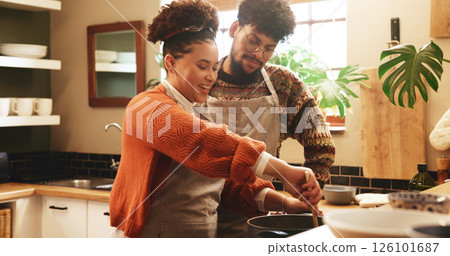 Couple, woman and cooking in kitchen with support for dinner preparation, healthy meal and bonding. Happy, people and help with food recipe in home for nutrition, marriage and relationship connection Couple, woman and cooking in kitchen with support for dinner preparation, healthy meal and bonding. Happy, people and help with food recipe in home for nutrition, marriage and relationship connection 126101687