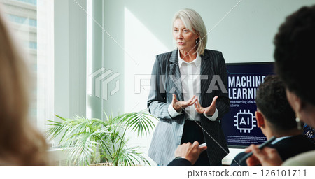Woman, presentation and screen for meeting with workshop, speech and employee engagement. Data analyst, seminar and explain with speaker, AI training and briefing for advice for machine learning Woman, presentation and screen for meeting with workshop, speech and employee engagement. Data analyst, seminar and explain with speaker, AI training and briefing for advice for machine learning 126101711
