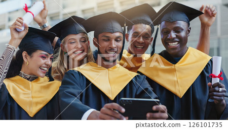 Selfie, students and graduation with people, achievement and university with success, scholarship and certificate. Outdoor, group and happy friends with celebration, diversity and profile picture Selfie, students and graduation with people, achievement and university with success, scholarship and certificate. Outdoor, group and happy friends with celebration, diversity and profile picture 126101735