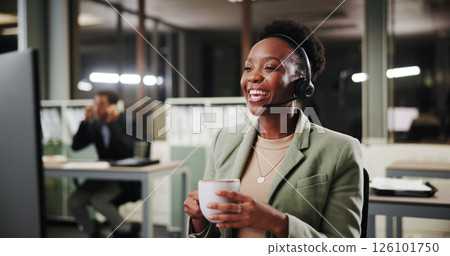 Coffee, woman or laughing for customer service help, sales consulting or loan advice in night. Call center, coworking or happy financial advisor on computer with tea for feedback or banking limit 126101750