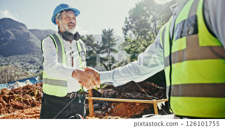 Construction worker, partnership and people shaking hands outdoor for agreement on development deal. Mature man, builder or engineers together for excavation, contract or collaboration with handshake Construction worker, partnership and people shaking hands outdoor for agreement on development deal. Mature man, builder or engineers together for excavation, contract or collaboration with handshake 126101755