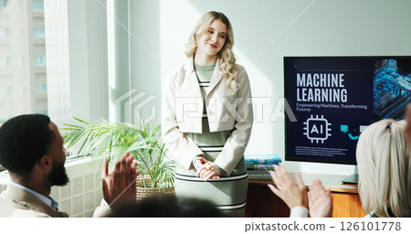 Business woman, clapping and celebration for presentation, success and thank you for ai training. Speaker, office and happy team applause at machine learning workshop to praise for new innovation 126101778