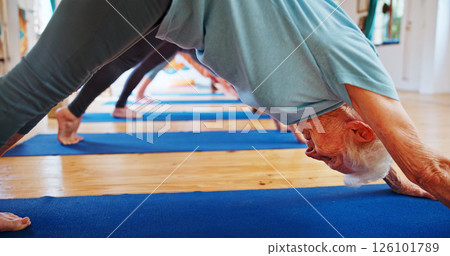Senior woman, downward dog and yoga in class for zen, fitness exercise and spiritual wellness. Profile, elderly person and stretching for pilates lesson, holistic aura and body balance at health club 126101789