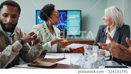 Business people, happy and document in office for meeting, innovative technology and discussion. Neuroscience, investor team and explaining at screen with project funding for brain chip development 126101791