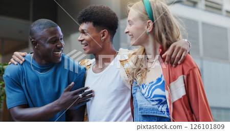 Hug, fashion and friends in city, people and bonding together with happiness, diversity and stylish clothes. Outdoor, embrace and group with joke walking and funny with trendy outfit, gen z or smile 126101809