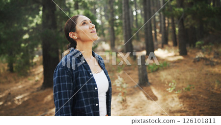Hiking, thinking and woman in woods, fitness and thoughtful with reflection, break and nature. Healthy person, outdoor and hiker with journey, explore and countryside with wellness, sunshine and calm 126101811