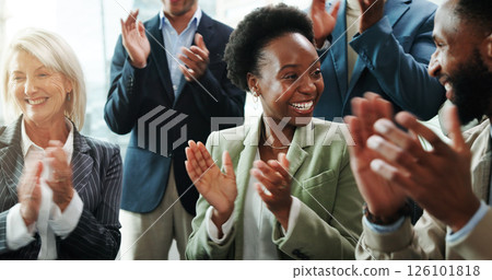 Business, people and crowd with clapping hands in seminar for financial recognition, company growth and success. Finance conference, happy employees and applause for good news, training and thank you 126101818