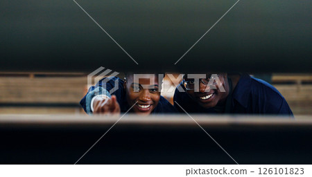 Team, wood and pointing with black people in factory for furniture production, timber choice and manufacturing. Collaboration, carpenter and inspection with man and woman in warehouse for lumber 126101823
