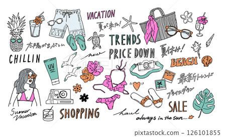 泳衣和配件的手繪向量線描插圖 126101855