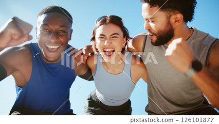 Happy people, fitness and hug with fist pump for winning, success or health and wellness together. Active, group or excited friends with smile for workout, teamwork or exercise achievement in nature Happy people, fitness and hug with fist pump for winning, success or health and wellness together. Active, group or excited friends with smile for workout, teamwork or exercise achievement in nature 126101877
