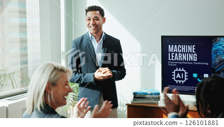 Applause, colleagues and man with smile, presentation and training for machine learning and happy. Achievement, excited and people with successful meeting, clapping and celebration for ai in business 126101881