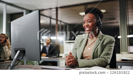 Woman, computer and call center consultant at night, communication or CRM with help desk support. Happy, telecom and person with online advice, customer service and late shift in coworking office 126101922