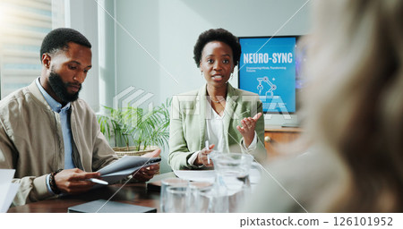 Woman, staff and explain in meeting at office for planning, neuroscience and innovation ideas. People, presentation and briefing with paperwork, brain technology and proposal report for neurofeedback Woman, staff and explain in meeting at office for planning, neuroscience and innovation ideas. People, presentation and briefing with paperwork, brain technology and proposal report for neurofeedback 126101952