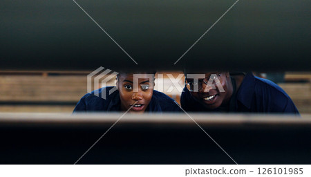 Team, wood and planning with black people in factory for furniture production, timber choice and manufacturing. Collaboration, carpenter and inspection with man and woman in warehouse for lumber Team, wood and planning with black people in factory for furniture production, timber choice and manufacturing. Collaboration, carpenter and inspection with man and woman in warehouse for lumber 126101985