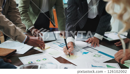 Hands, paperwork and business people in office with statistics, data or graphs for finance. Team, meeting and group of financial planners with documents for investment, profit or budget report. 126102002