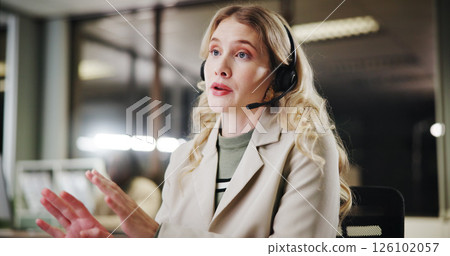 Woman, talking and headset for call center consultant, communication or CRM with help desk support in office. Conversation, telecom and female person with online advice, customer service and outbound Woman, talking and headset for call center consultant, communication or CRM with help desk support in office. Conversation, telecom and female person with online advice, customer service and outbound 126102057