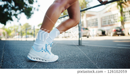 Sneakers, athlete and person in street stretching for fitness warm up, start exercise and ready for run outdoor. Cardio, health and wellness with shoes for workout, begin training and legs in city Sneakers, athlete and person in street stretching for fitness warm up, start exercise and ready for run outdoor. Cardio, health and wellness with shoes for workout, begin training and legs in city 126102059