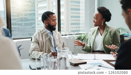 Meeting, documents and business people in office for review, feedback or forecasting discussion. Teamwork, paperwork and group of financial managers with investment planning for company budget. Meeting, documents and business people in office for review, feedback or forecasting discussion. Teamwork, paperwork and group of financial managers with investment planning for company budget. 126102080