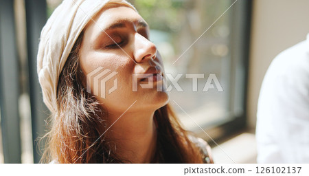 Peace, face and woman with breathing meditation for calm mindset, zen and relax in group. Air, exhale and person with eyes closed in class for mindfulness, mental wellness or holistic self care 126102137