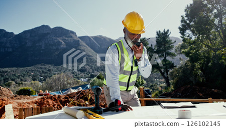 Radio, communication or black man with blueprint for engineering, check design and construction site. Mature architect, outdoor and talking on worksite for brainstorming, compliance and floor plan Radio, communication or black man with blueprint for engineering, check design and construction site. Mature architect, outdoor and talking on worksite for brainstorming, compliance and floor plan 126102145