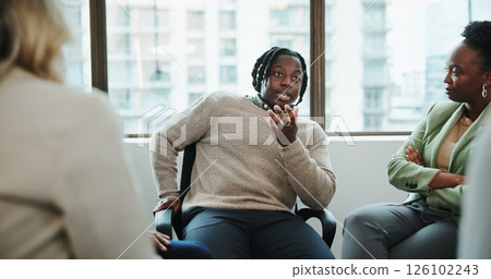 Business people, meeting and discussion with team for counseling, mental health or rehabilitation. Employees, support group or colleague with confession for work intervention or therapy session Business people, meeting and discussion with team for counseling, mental health or rehabilitation. Employees, support group or colleague with confession for work intervention or therapy session 126102243