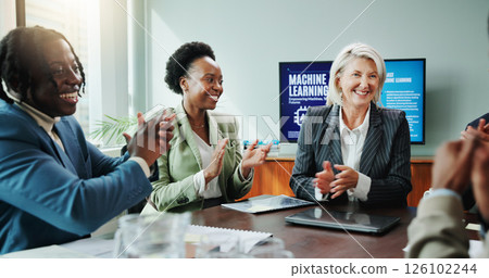 Woman, presentation and applause for meeting with workshop, speech and employee engagement. Data analyst, seminar and clapping hands with speaker, AI training and proposal for machine learning 126102244