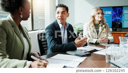 Meeting, corporate and people talking in office for planning, neuroscience and innovation ideas. Manager, presentation and briefing with paperwork, brain technology and proposal with neurofeedback 126102245