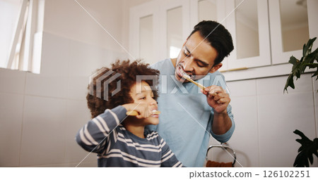 Dental care, brushing teeth and father with child in bathroom for hygiene, wellness and morning routine. Teaching, family and dad with boy kid for oral health treatment with bonding in home. 126102251