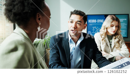 Business, people and talking with proposal in office for planning, neuroscience and innovation ideas. Manager, presentation and briefing with paperwork, brain technology and document of neurofeedback 126102252