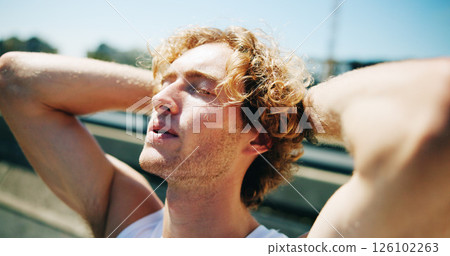 Man, runner and tired with breathing in city, outdoor and break for training, challenge and workout in summer. Person, exhausted and burnout with rest, exercise and eyes closed on bridge in Germany Man, runner and tired with breathing in city, outdoor and break for training, challenge and workout in summer. Person, exhausted and burnout with rest, exercise and eyes closed on bridge in Germany 126102263