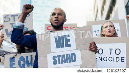Solidarity, people and crowd protest with poster for equal rights, government change and stop genocide with rally. Group, shouting and fist with cardboard in city for inequality movement and justice 126102307