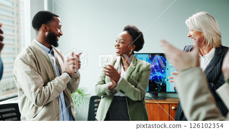 Applause, colleagues and people with smile, achievement and happiness for celebration and business. Accomplishment, excited and team with success in boardroom, collaboration and good news for group Applause, colleagues and people with smile, achievement and happiness for celebration and business. Accomplishment, excited and team with success in boardroom, collaboration and good news for group 126102354