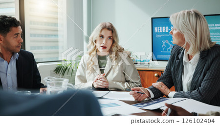 Business, people and presentation with document in office for planning, neuroscience and innovation ideas. Manager, meeting and briefing with paperwork, brain technology and proposal of neurofeedback 126102404