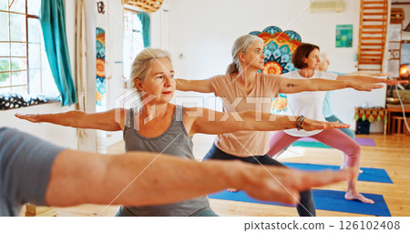 Elderly people, stretching and class for yoga with zen, fitness exercise and spiritual wellness. Senior women, warrior pose and community pilates, holistic practice and body balance at health club 126102408