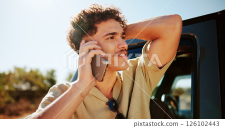 Man, phone call and breakdown with car for lost, navigation or vehicle trouble in nature. Male person, talking or stranded with mobile smartphone for emergency transport service, accident or help Man, phone call and breakdown with car for lost, navigation or vehicle trouble in nature. Male person, talking or stranded with mobile smartphone for emergency transport service, accident or help 126102443