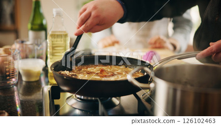 Cooking, food and frying pan with person in kitchen of restaurant closeup for diet, health or nutrition. Ingredients, recipe and stove with chef in hotel for gourmet cuisine, hospitality or service 126102463