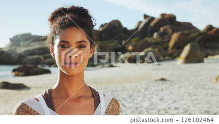 Beach, happy woman and travel in portrait for vacation, peace and summer break with confidence. Ocean, female person and outdoor with smile for adventure, holiday and tourist for exploration by sea 126102464