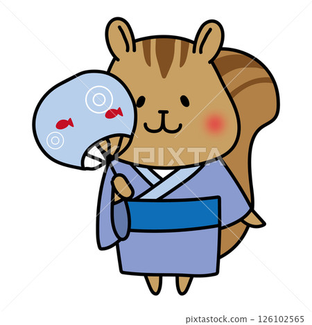 A squirrel wearing a blue yukata and holding a fan 126102565