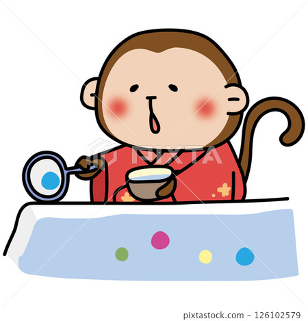 A monkey wearing a red yukata playing ball scooping 126102579