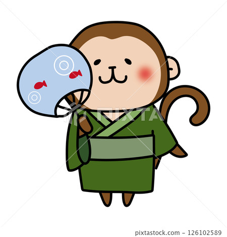 A monkey wearing a green yukata and holding a fan 126102589
