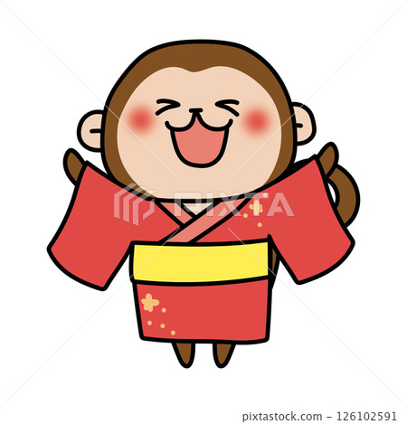 A monkey wearing a red yukata looking up at the sky A monkey wearing a red yukata looking up at the sky 126102591