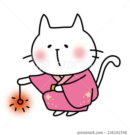 A white cat wearing a pink yukata and playing sparklers 126102598