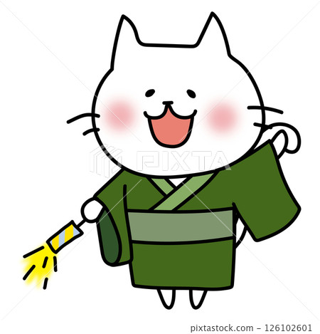 A white cat wearing a yukata and playing hand-held fireworks 126102601