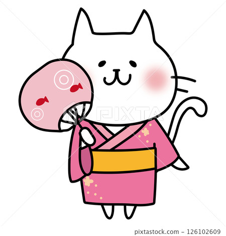 A white cat wearing a pink yukata and holding a fan A white cat wearing a pink yukata and holding a fan 126102609